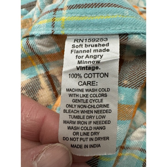 Angry Minnow Shirt Mens Medium Blue Brown Plaid Flannel Button Up Kind Of Weird - Picture 7 of 11